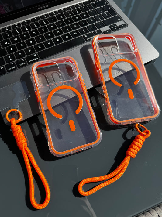 Carcasa MagSafe, bordes reforzados naranjos/ incluye colgante📱✨ (solo iPhone 17Pro/17ProMax)