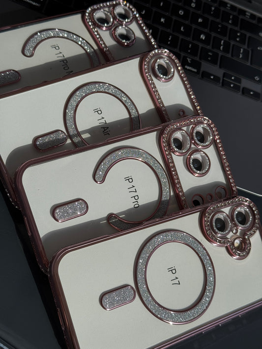 Carcasa MagSafe RoseGold, bordes con brillos, línea iph “17” ✨