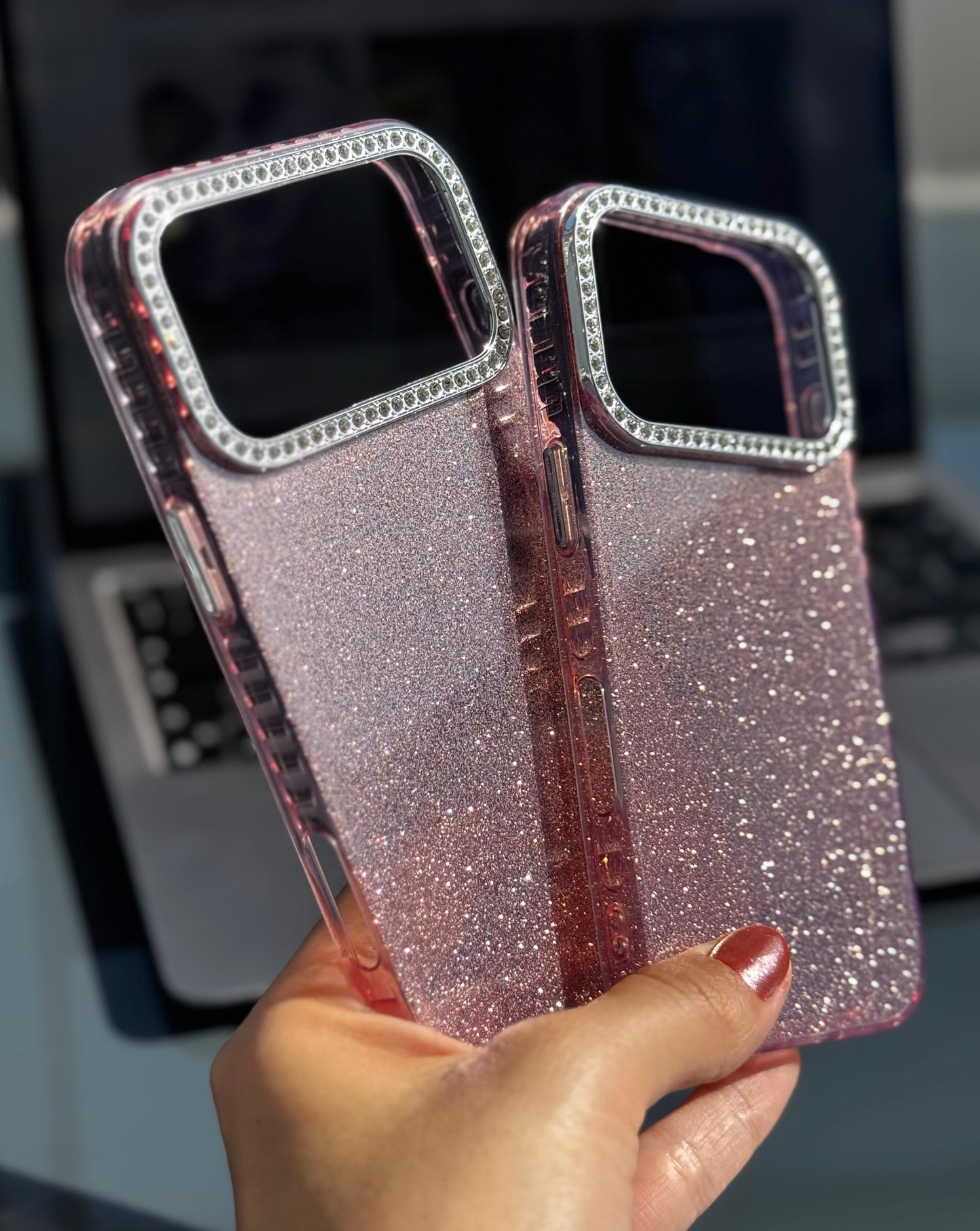 Case rose con mini brillos y bordes plateados full Shine ✨💖